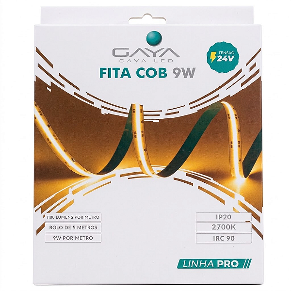 FITA DE LED COB SUPER BRILHO 9W/M 900LM 2700K BRANCO QUENTE IP20 24V IRC90 PRO - GAYA