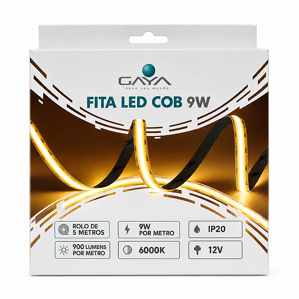 FITA DE LED COB 9W POR METRO 24V 6000K BRANCO FRIO 900 LUMENS/METRO 5M IP20 IRC90 LINHA PRO - GAYA