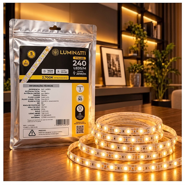 FITA DE LED 240LEDS 100W 20W/M SMD 12V 5M IRC90 2700K IP20 DIMERIZAVEL - LUMINATTI - LM1910
