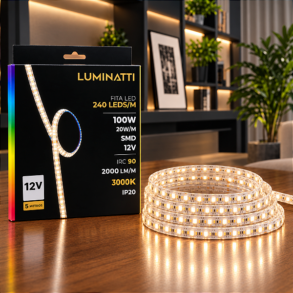 FITA DE LED 240LEDS 100W 20W/M SMD 12V 5M IRC90 2000LM/M 3000K IP20 - LUMINATTI - LM2448