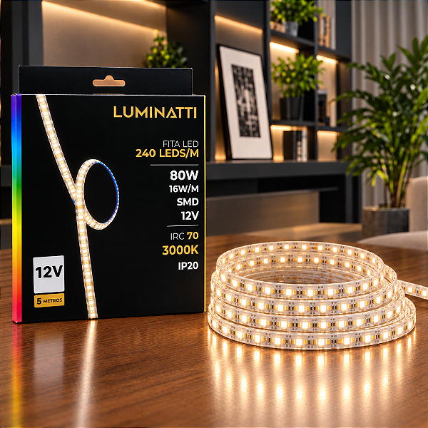 FITA DE LED 240LEDS 80W 16W/M SMD 12V 5M IRC70 3000K IP20 - LUMINATTI - LM1899