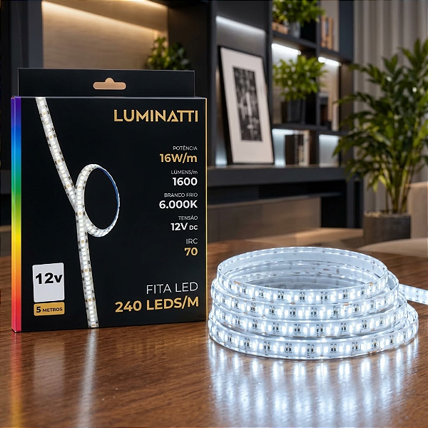 FITA DE LED 240LEDS 80W 16W/M SMD 12V 5M IRC70 6000K IP20 - LUMINATTI - LM2377