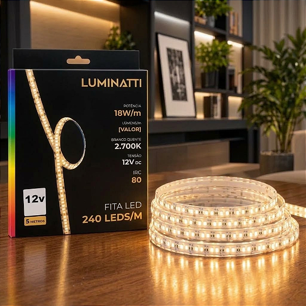 FITA DE LED 240LEDS 90W 18W/M SMD 12V 5M IRC80 2700K IP20 - LUMINATTI - LM2029