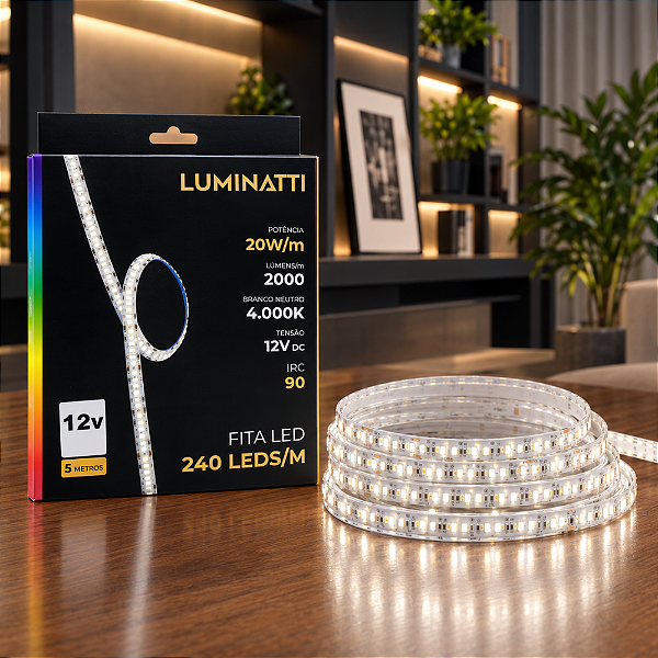 FITA DE LED 240LEDS 100W 20W/M SMD 12V 5M IRC90 4000K IP20 - LUMINATTI - LM1912