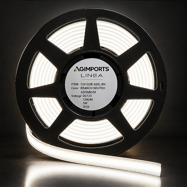 FITA DE LED 320SMD COB 12V BRANCO NEUTRO IP20 12W/M 5M 3528 - AGIMPORTS - LINEA - 12V-COB-320L-BN