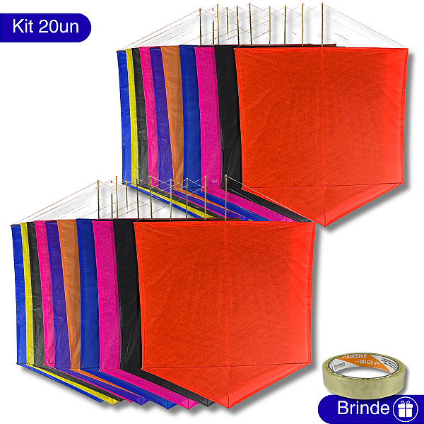 Kit 20 Pipa Latão Seda 60 x 55cm Liso Cores Mistas Com Durex