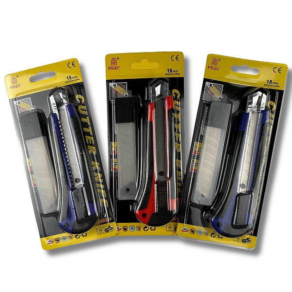 Estilete Profissional Largo Emborrachado 18mm 3 Lâminas Extras 1 Unidade Cor Sortida