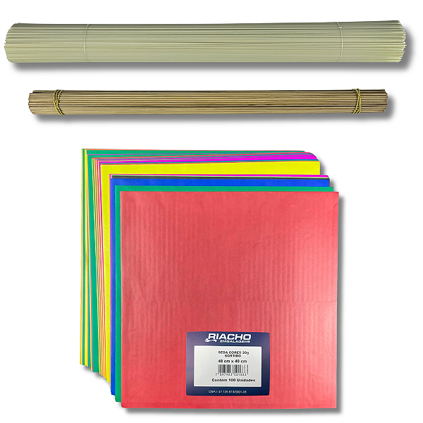 Kit Pipa Peixinho Raia Média 100 Folhas de Seda 40cm, Varetas Fibra 2.0 x 66cm 500gr e Bambu 55cm 100un