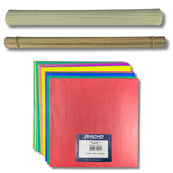 Kit Pipa Peixinho Raia Pequena 100 Folhas de Seda 35cm, Varetas Fibra 2.0 x 56,5cm 500gr e Bambu 50cm 100un