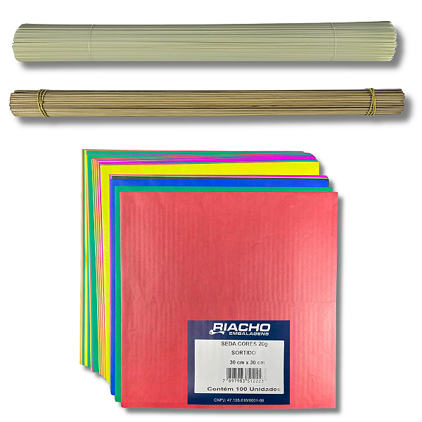 Kit Pipa Peixinho Mini Raia 100 Folhas de Seda 30cm, Varetas Fibra 1.6 x 49cm 500gr e Bambu 48cm 100un