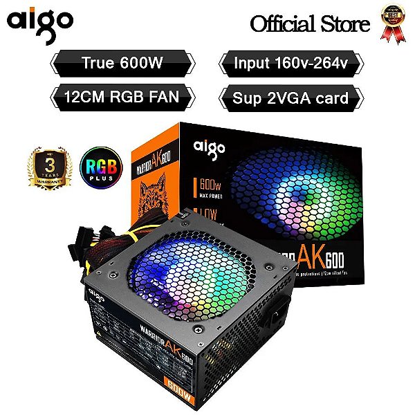 Unidade de Alimentação Aigo PSU PC para BTC, Black Gaming, Quiet, 120mm, RGB