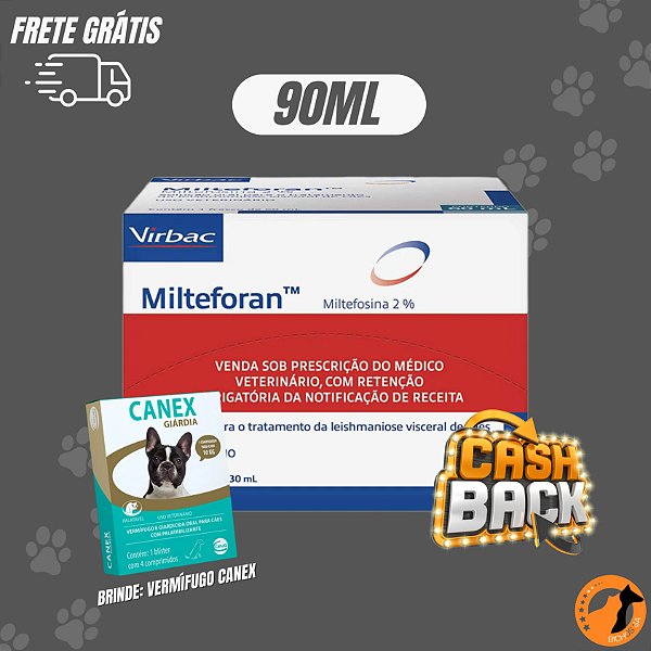 Milteforan Virbac 90 ml FRETE GRÁTIS* + BRINDE VERMÍFUGO CANEX