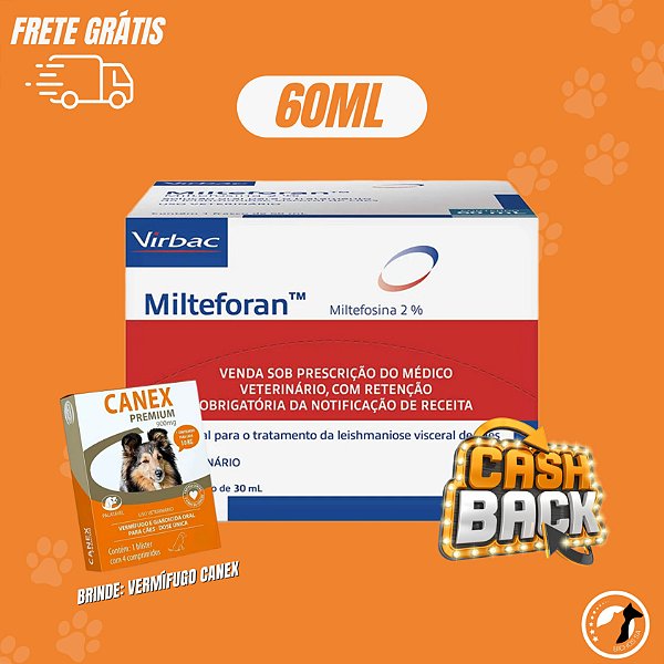 Milteforan Virbac 60 ml FRETE GRÁTIS* + BRINDE VERMÍFUGO CANEX