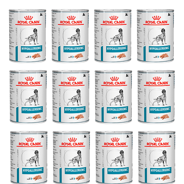 12 Ração Úmida Royal Canin Hypoallergenic para Cães com Sensibilidades Alimentares Lata 400 g
