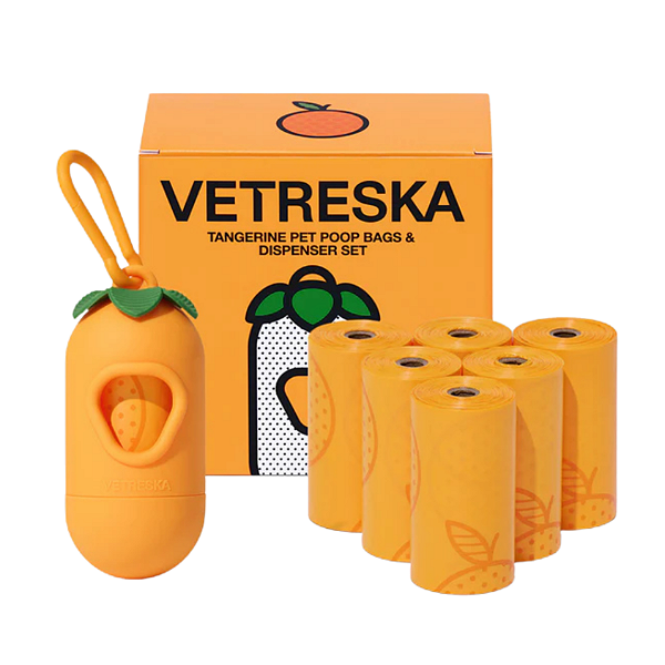 Cata caca para animais de estimação tangerina (1 dispensador + 7 rolos) VETRESKA