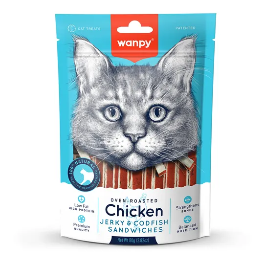 PETISCO PARA GATO WANPY MINI TIRAS DE FRANGO E PEIXE 80G