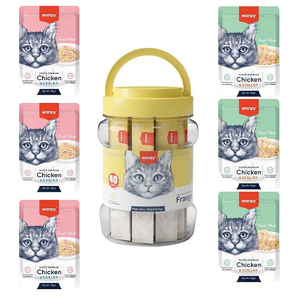Kit Wanpy Petiscos para Gatos Pote Creamy 560g + 6 Sachês 85g