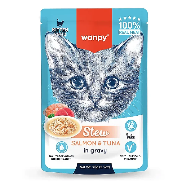 Petisco Para Gato Wanpy Sachê Stew Para Filhotes Sabor Salmão e Atum 70g