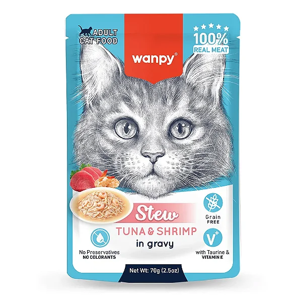Petisco Para Gato Wanpy Sachê Stew de Atum e Camarão 70g