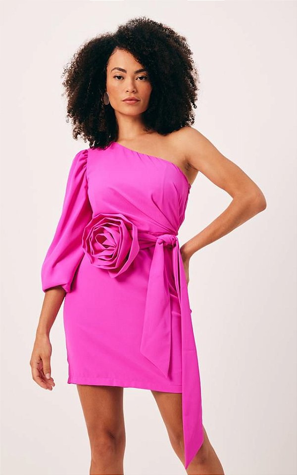 VESTIDO CURTO OMBRO C/ DETALHE FLOR ORIGAMI DIMY