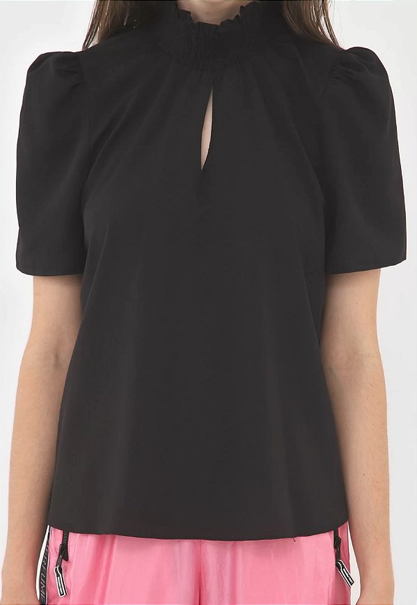 BLUSA LASTEX GOLA MANGA CURTA LANÇA PERFUME PRETO
