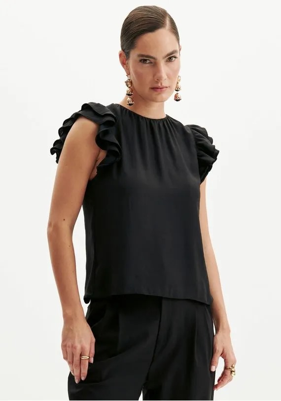 BLUSA SEM MANGA COM BABADO PRETO LANÇA PERFUME