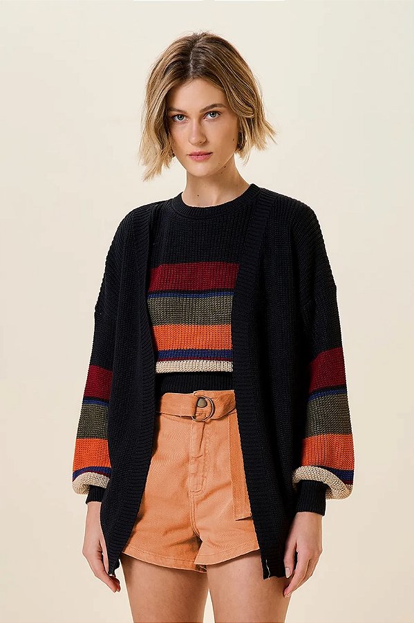 CARDIGAN LISTRAS TRICOT PRETO 4348101 MY PLACE