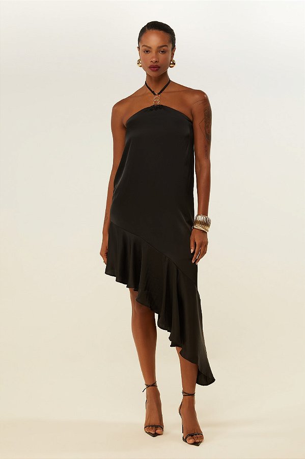 VESTIDO ASSIMETRICO DE BABADOS PRETO DIMY