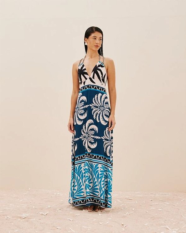 VESTIDO LONGO DET. ALCAS TRANCADAS-AZUL CACAY