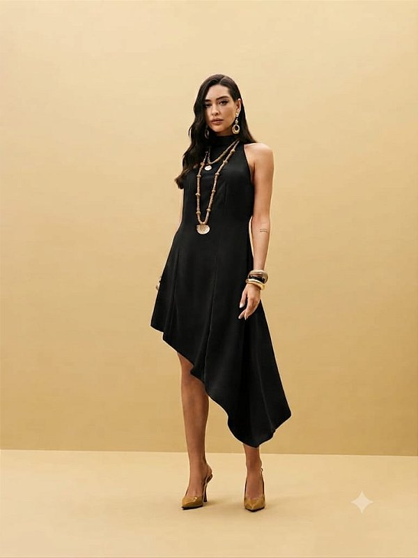 VESTIDO FEMININO ASSIMETRICO COM RECORTE - PRETO DIMY