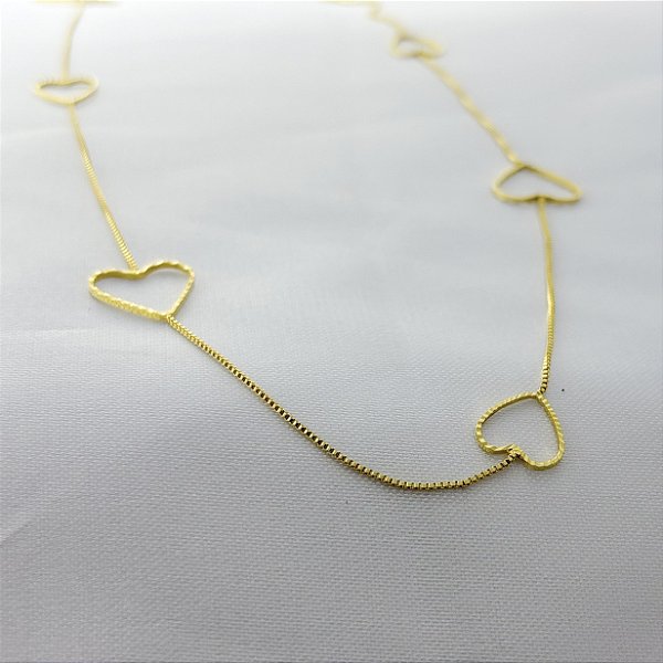 Colar Malha Veneziana 80cm Corações Vazados - Banhado em Ouro 18K