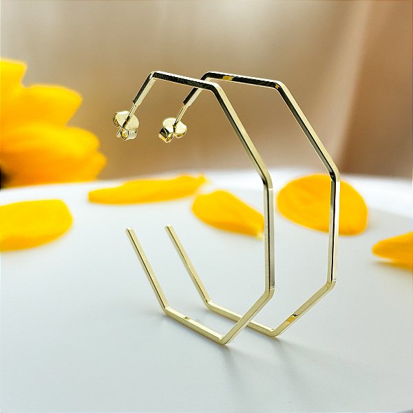 Brinco de Argola Hexagonal Grande - Banhado em Ouro 18k