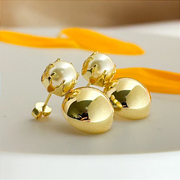 Brinco de Perola e Esfera - Banhado em Ouro 18k
