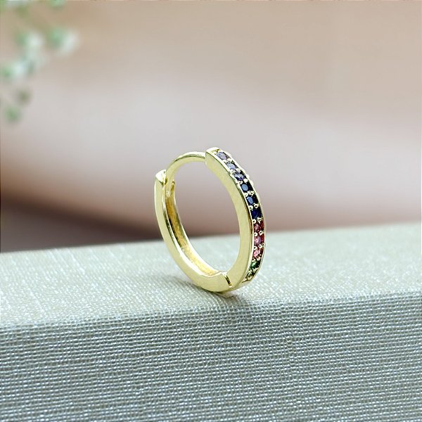 Brinco de Argola Click Cravejado com Zircônia Color M - Banhado em Ouro 18k