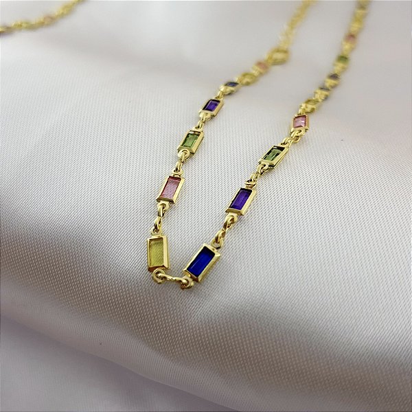 Colar Fio de Zircônias Coloridas - Banhado em Ouro 18k