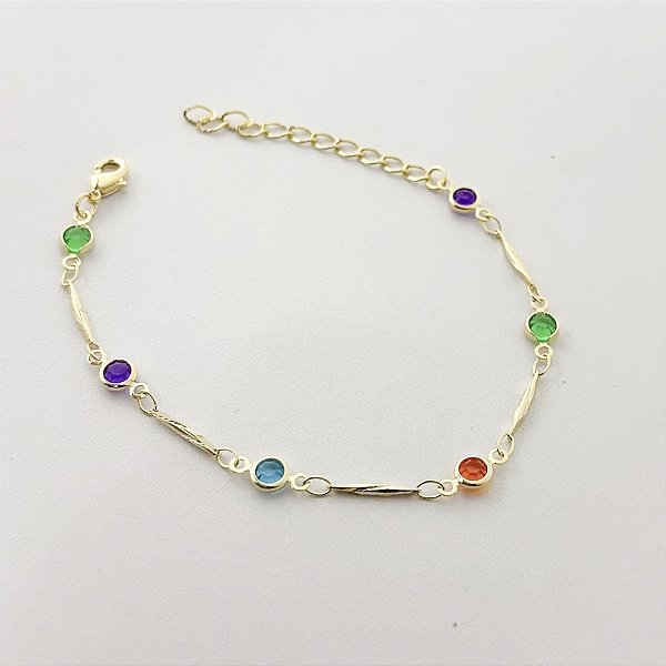 Pulseira Palito com Zircônias Coloridas - Banhado em Ouro 18k