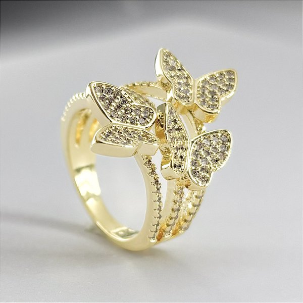 Anel com 3 Borboletas Cravejado com Zircônias - Banhado em Ouro 18k