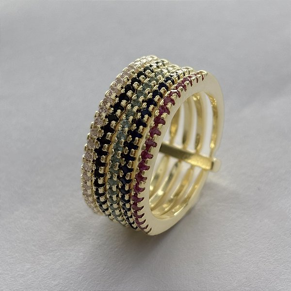 Anel com 5 Alianças Cravejadas com Zircônias - Banhado em Ouro 18k