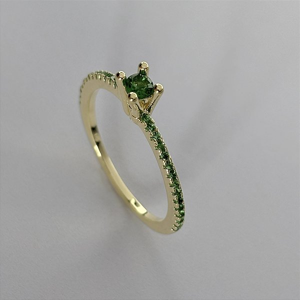 Anel Solitário com Pedra de Zircônia Verde - Banhado em Ouro 18k