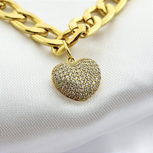 Pulseira de Malha com Pingente de Coração Cravejado com Zircônias - Banhado em Ouro 18k