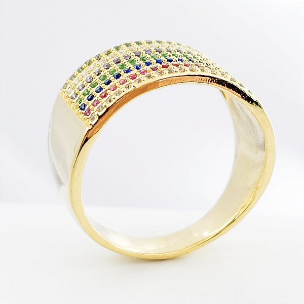 Anel Sete Alianças com Zircônias Coloridas – Banhado em Ouro 18K