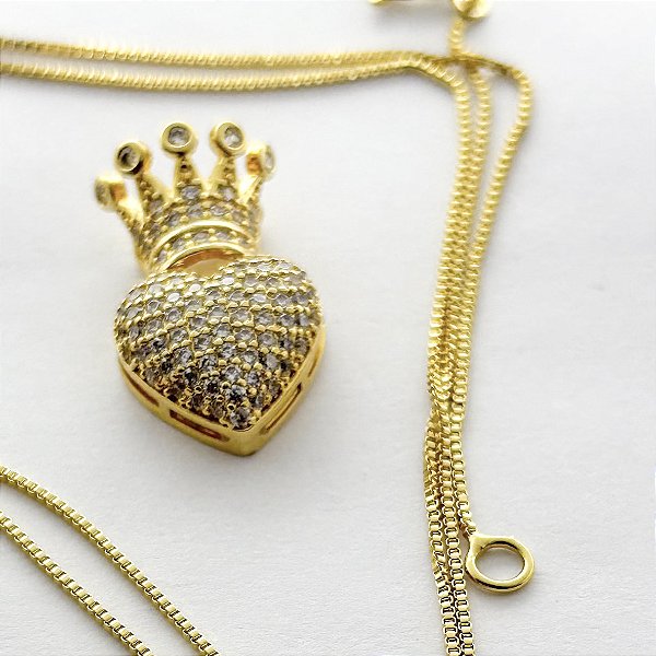 Colar Veneziana com Pingente de Coração Coroado Cravejado com Zircônia – Banhado em Ouro 18K