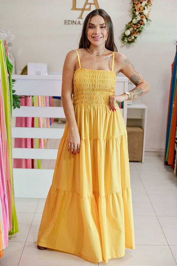 Vestido Feminino Longo Claudia Amarelo Listrado