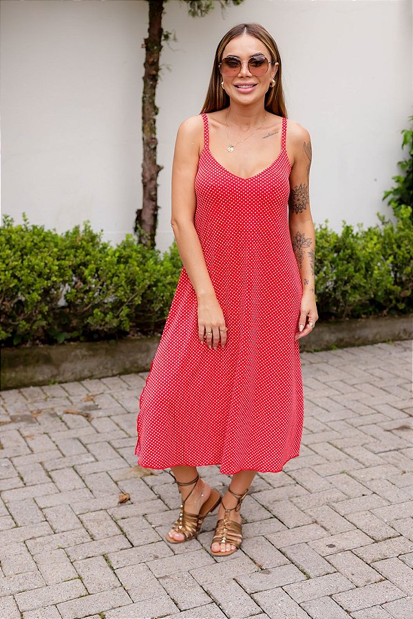 Vestido Feminino Midi Daniela Poa Vermelho
