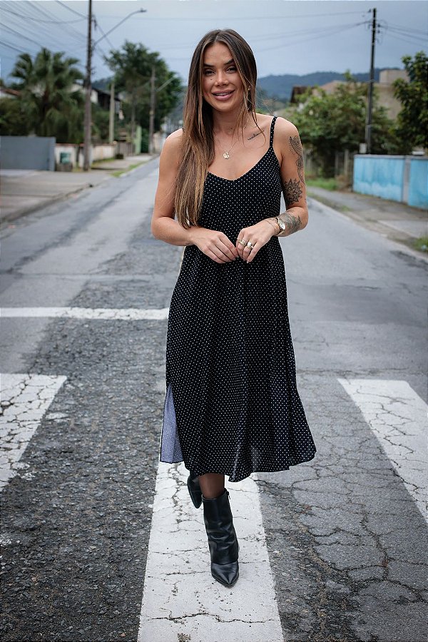Vestido Feminino Midi Daniela Poa Preto