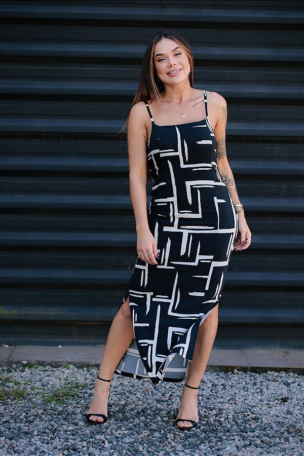 Vestido Feminino Longo Alice Preto estampado