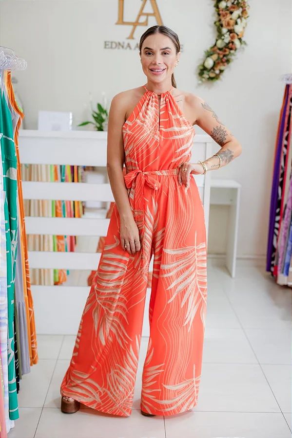 Macacão Feminino Longo Pamela Laranja Estampado