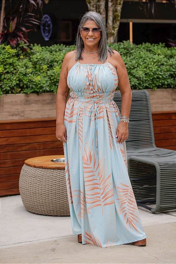 Vestido Feminino longo Maya azul estampado