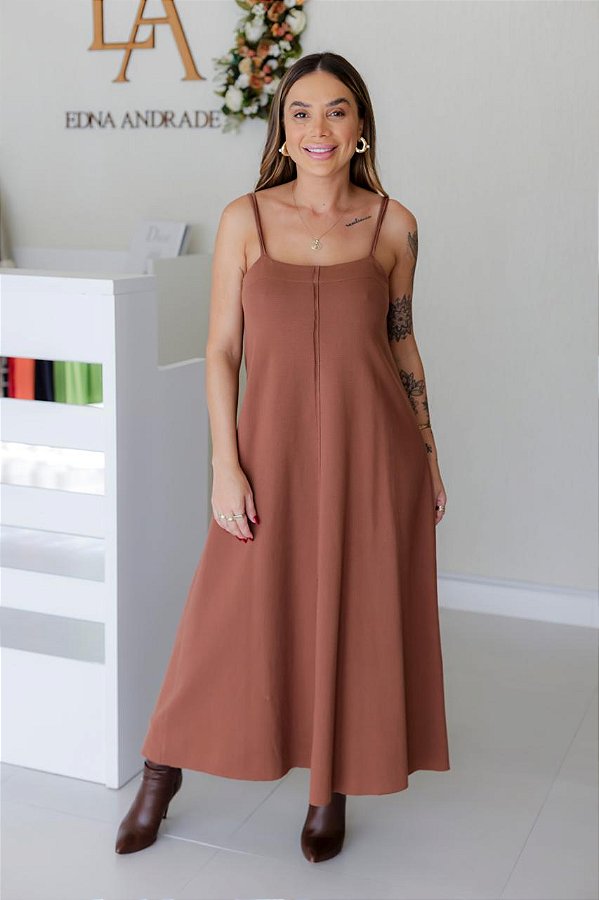 Vestido Feminino longuete Antonella Marrom