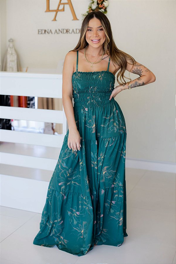 Vestido Feminino Longo Claudia Verde Estampado